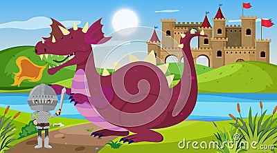 Scene with knight and dragon in fairytale land Vector Illustration