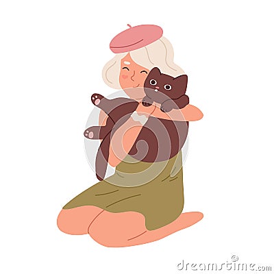 Scene with little kid hugging cat. Happy child sitting and holding with adorable pet. Cute smiling girl with animal Vector Illustration