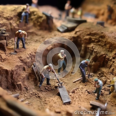 scene Little toy people are conducting archaeological excavations in the village. Stock Photo