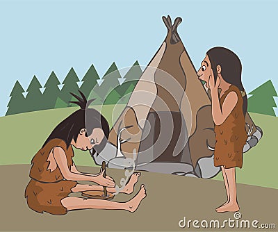 Scene of making fire at prehistoric settlement Vector Illustration