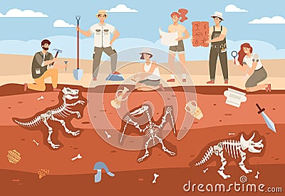 Scene with male, female cartoon characters archaeologists working on excavation Vector Illustration