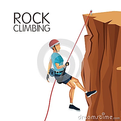 Scene man mountain descent with equipment rock climbing Vector Illustration