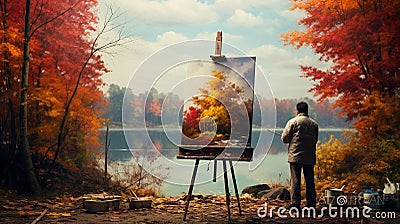 Scene of a man painting a picture in an autumn forest glade Stock Photo