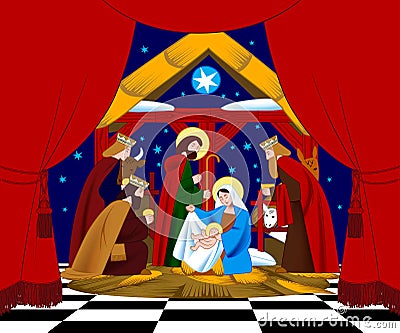Scene of the Nativity of Christ and Adoration of the Magi in frame of red curtain Vector Illustration