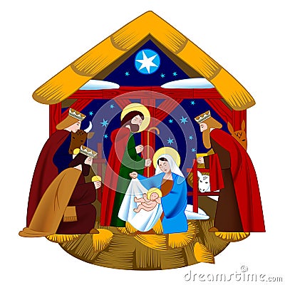 Scene of the Nativity of Christ and Adoration of the Magi isolated on white background Vector Illustration