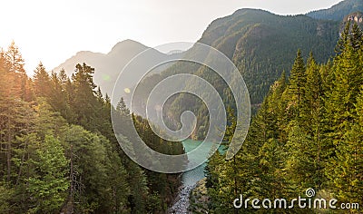 Scene over Diablo lake when sunrise in the early morning in North Cascade national park,Wa,Usa. Stock Photo