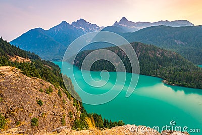 Scene over Diablo lake when sunrise in the early morning in North Cascade national park,Wa,Usa. Stock Photo