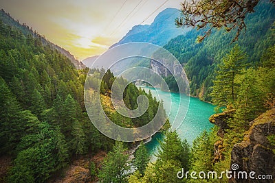 Scene over Diablo lake when sunrise in the early morning in North Cascade national park,Wa,Usa. Stock Photo