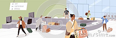 Scene with people at airport baggage claim area. Passengers at conveyor belt with luggage. Carousel with bags and Vector Illustration