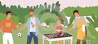 Scene of people at outdoor barbecue party. Man cooking BBQ meat and sausages, friends chatting and drinking beer Vector Illustration