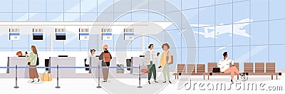 Scene with people during registration at airport counter check-in. Panorama of air terminal interior with tourists Vector Illustration