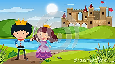 Scene with prince and princess in fairytale land Vector Illustration