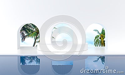 Scene for product beside terrace in swimming pool modern luxury view at View of the beach and coconut trees. 3d rendering resort Stock Photo