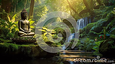 Child Buddha by the Tranquil Waterfall Stock Photo