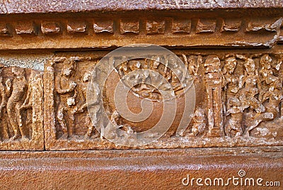 Scene from Ramayana carved on the plinth, Durga temple, Aihole, Bagalkot, Karnataka. The Galaganatha Group of temples. Rama, Sita Stock Photo