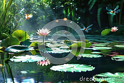 scene of a river with a large number of yellow lilies floa Stock Photo