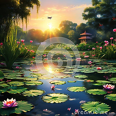 scene of a river with a large number of yellow lilies floa Stock Photo