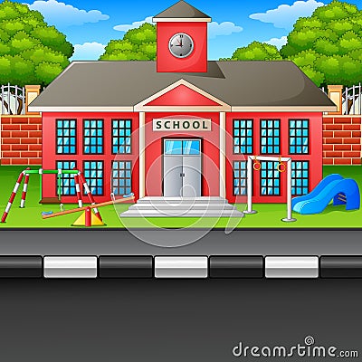 Scene school building and street Vector Illustration