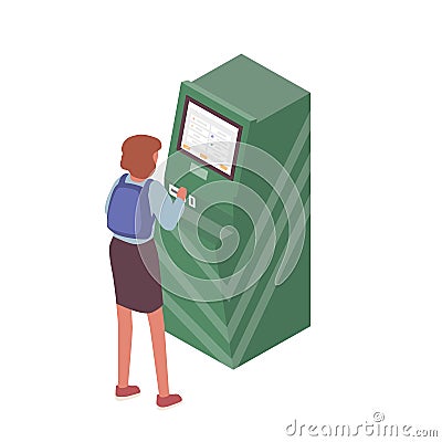 Scene of self service and automatic payment. Woman using info kiosk or information terminal. Flat vector cartoon Vector Illustration