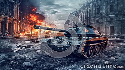 A Scene Showing a Tank on a Street in a City, Generative AI Stock Photo