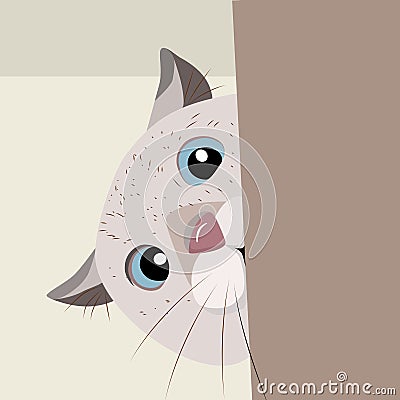 A cat lurks from behind the wall Vector Illustration