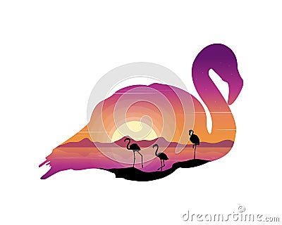 Scene with silhouette flamingo at sunset Vector Illustration