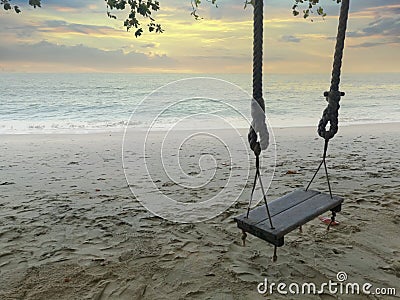 Scene of the singe rope tree swing at the seaside Stock Photo