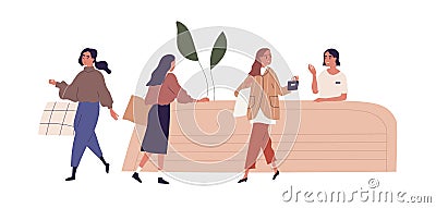 Scene with smiling friendly seller behind store counter and happy women with shopping bags and purchases. Colored flat Vector Illustration