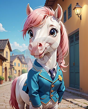 In this scene, a super adorable little horse, with big eyes wide open and a smiling face, is looking at you. Stock Photo