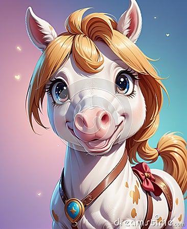 In this scene, a super adorable little horse, with big eyes wide open and a smiling face, is looking at you. Stock Photo