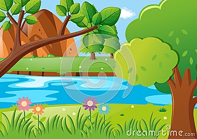 Scene with trees and river Vector Illustration