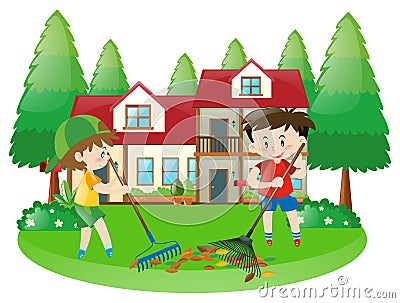 Scene with two boys raking dried leaves Vector Illustration