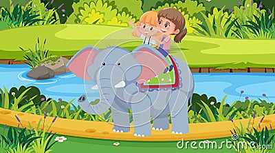 Scene with two girls riding elephant in the park Cartoon Illustration