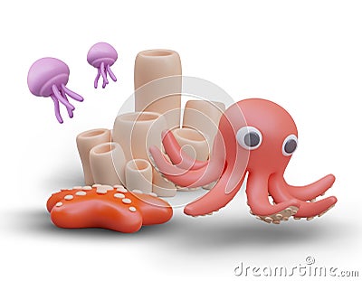 Scene from underwater life. Octopus and jellyfish swim near spongy algae Vector Illustration