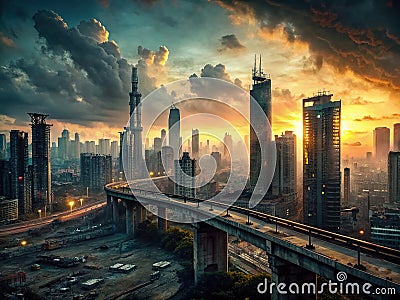 A decaying cyberpunk megacity skyline at dusk Stock Photo