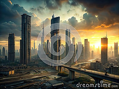 A decaying cyberpunk megacity skyline at dusk Stock Photo