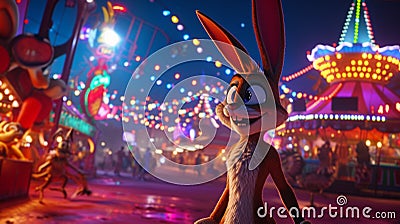 Looney Tunes characters in a surreal, moonlit carnival, emphasizing the vibrant colors and perfect lighting to showcase the Stock Photo