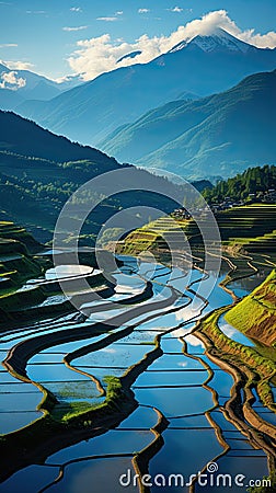 The scene unfolds with rice paddies, their tranquil waters echoing the sky's beauty. Stock Photo