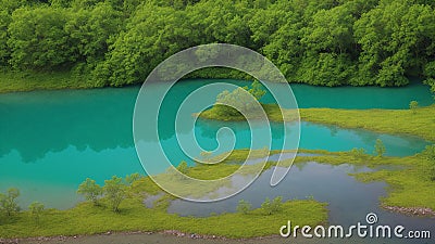 A Scene Of A Visually Stimulatingly Colored Lake Surrounded By Trees AI Generative Stock Photo