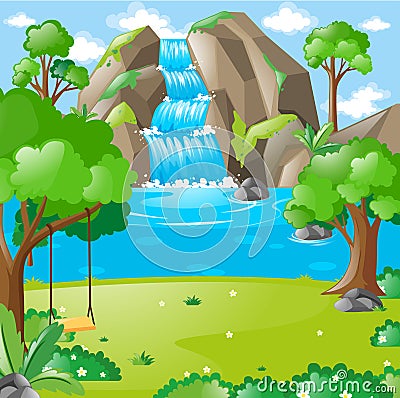 Scene with waterfall in the woods Vector Illustration