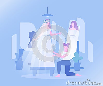 Happy bride is fitting wedding dress with her dressmaker in fashion workshop. Scene in atelier or tailoring studio Vector Illustration