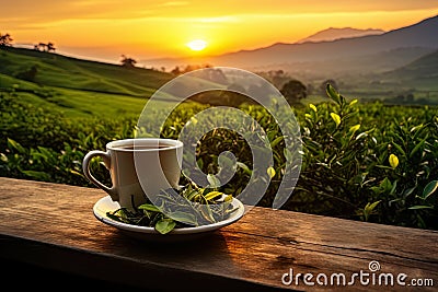 scene where a cup of tea is placed on a table, and beyond lies a breathtaking landscape view Stock Photo