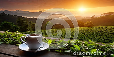 scene where a cup of tea is placed on a table, and beyond lies a breathtaking landscape view Stock Photo
