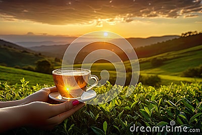 scene where a cup of tea is placed on a table, and beyond lies a breathtaking landscape view Stock Photo