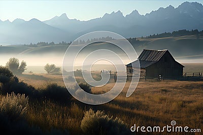Scene wooden barn pastoral ranch background soft environment fog distant rocky mountains break dawn brilliant peaks wyoming illust Cartoon Illustration