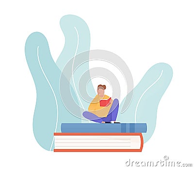 Scene of young reading man sitting on pile of books. Concept of education, studying and exam preparation process Vector Illustration