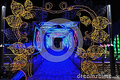 Scenery for children`s parties. The magical luminous openwork corridor Stock Photo