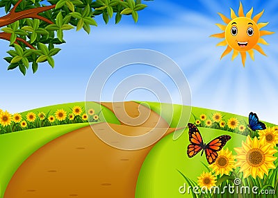 Scenery garden with sunflower Vector Illustration