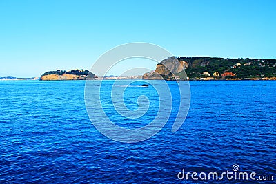 Scenery with the Gulf of Naples, boats and buildings Stock Photo