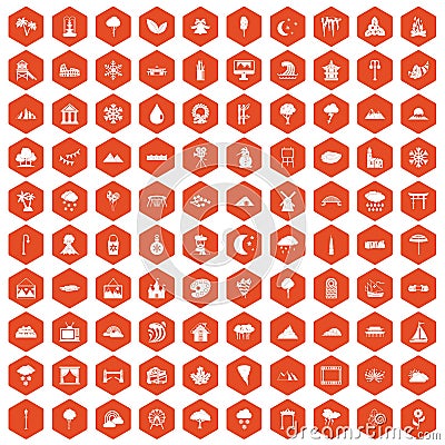 100 scenery icons hexagon orange Vector Illustration